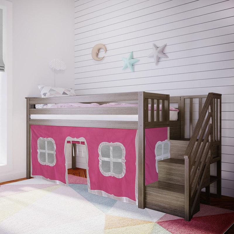 Loft bed with pink playhouse curtain, wooden stairs and built-in storage in a modern girls' kids bedroom with white shiplap wall and star-and-moon decor