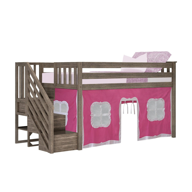 Twin loft bed in weathered gray wood with staircase storage, pink playhouse curtain with window panels and doorway — kids' elevated bed with guardrail and mattress