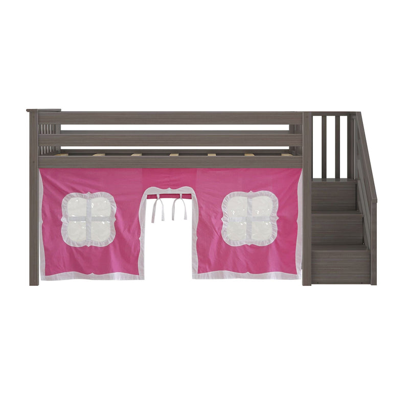 Gray wooden children's loft bed with stairs and pink play-tent under-bed curtain with two white-trimmed windows and tie-back doorway