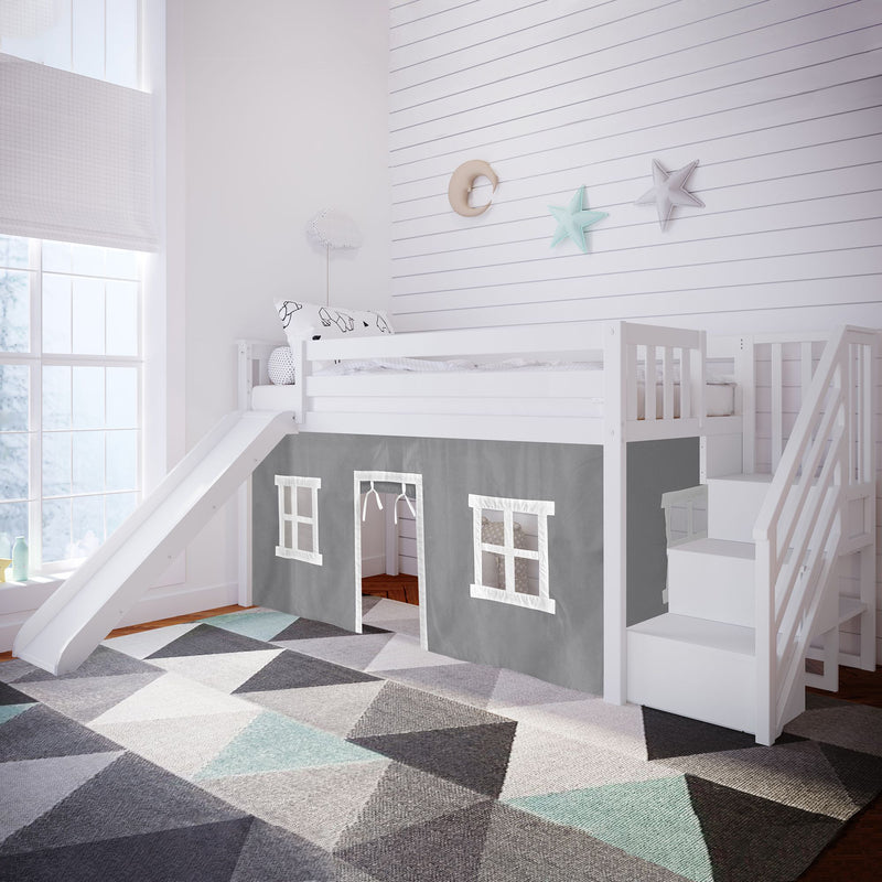 Twin Low Loft with Stairs and Slide with Curtains