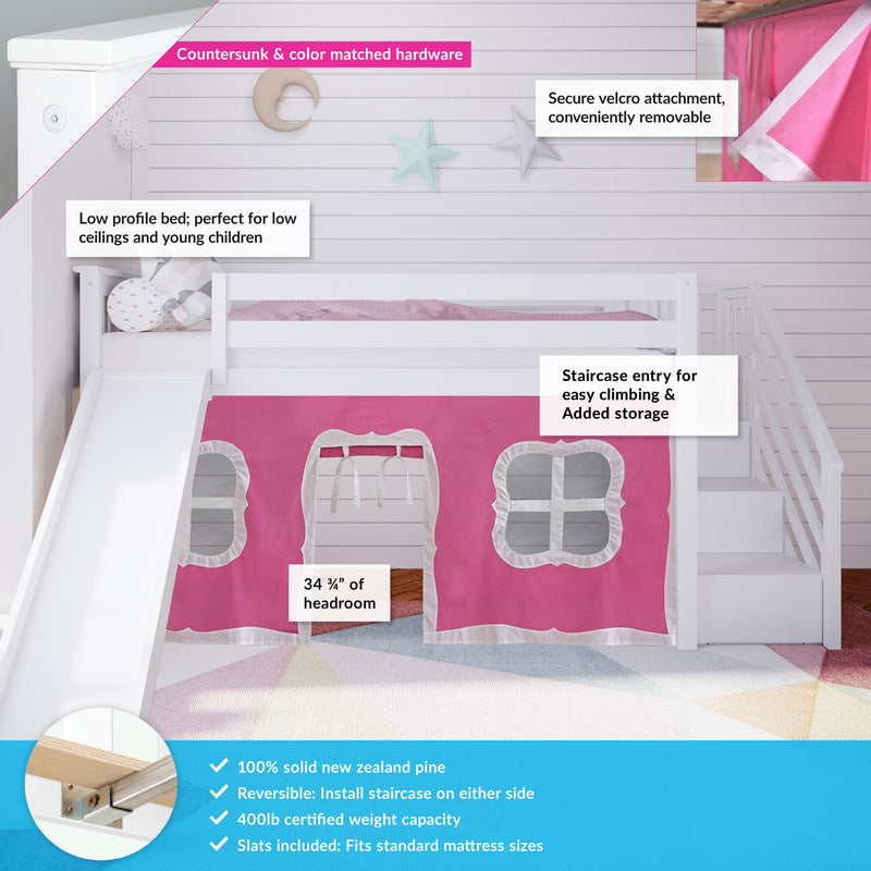 Twin Low Loft with Stairs and Slide with Curtains