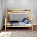 Solid wood bunk bed with ladder in modern children's bedroom, gray bedding and navy star-pattern pillows on hardwood floor