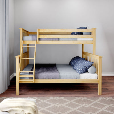 Solid wood bunk bed with ladder in modern children's bedroom, gray bedding and navy star-pattern pillows on hardwood floor
