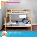 Solid New Zealand pine twin-over-twin bunk bed with ladder and safety rails, non-slip grooved steps, natural wood finish and blue patterned bedding