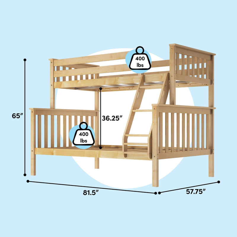 Wooden loft bunk bed with ladder and guardrails in natural finish, labeled 400 lb weight capacity and dimensions 81.5 in L × 57.75 in W × 65 in H, space-saving kids' bedroom bed