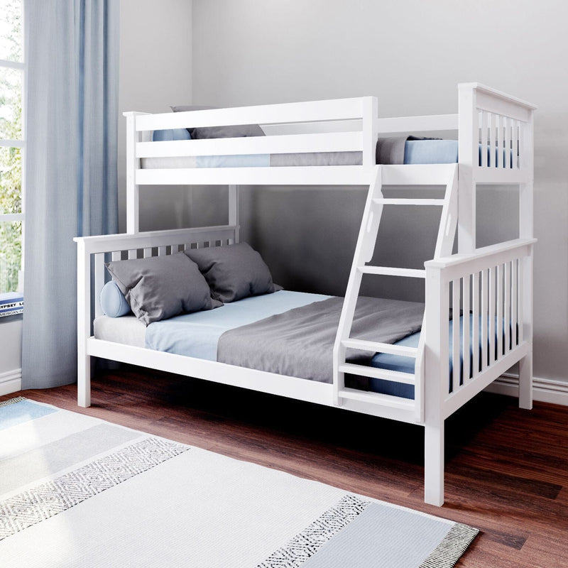 White wooden bunk bed with ladder and guardrails in a modern kids' bedroom with blue-gray bedding on a hardwood floor