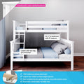 White solid New Zealand pine bunk bed with ladder, non-slip grooved steps, reversible ladder, countersunk color-matched hardware, 31 1/4 in headroom with 5 in mattress and 400 lb support bar