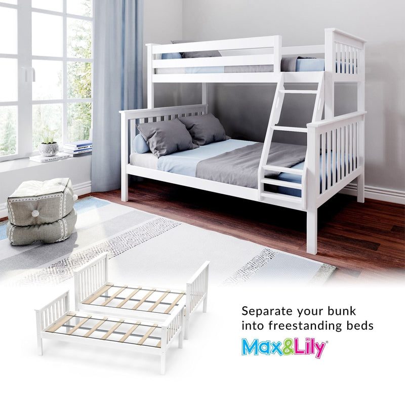 White wooden convertible bunk bed with ladder in modern children's bedroom, gray and blue bedding, large window and hardwood floor