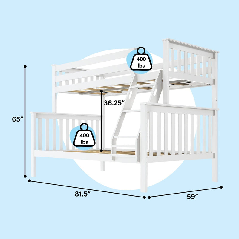 White wooden loft bunk bed with ladder and safety rails, illustrated dimensions 81.5" x 59" x 65" with 36.25" clearance and 400 lb weight capacity — modern space-saving bunk bed for kids and teens