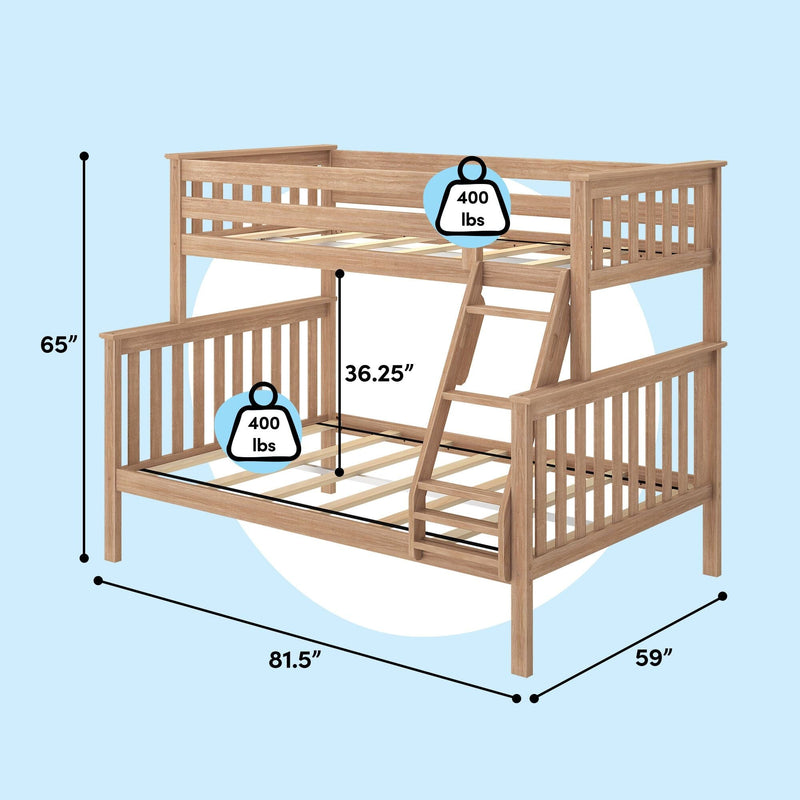 Natural wood twin-over-full loft bunk bed with ladder and slatted mattress support, 81.5 in L x 59 in W x 65 in H, 36.25 in top-deck height, 400 lb weight limit