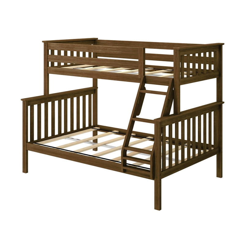 Twin-over-full wooden bunk bed with ladder, walnut finish, mission-style slatted headboards and sturdy slat support, space-saving kids' bed