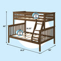 Walnut solid wood twin-over-full bunk bed with ladder and safety guardrails, slatted platform support, 81.5 in L x 59 in W x 65 in H, 400 lb weight capacity per bed — space-saving kids loft bunk.