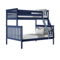 Navy blue wooden twin-over-twin bunk bed with ladder, slatted guardrails and gray bedding — space-saving kids' bedroom furniture