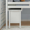 White bunk bed with pull-out desk in a modern bedroom setup.