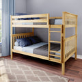 Natural wood twin-over-twin bunk bed with ladder, blue star-patterned pillows and gray bedding in a children's bedroom with hardwood floor and light blue curtains.