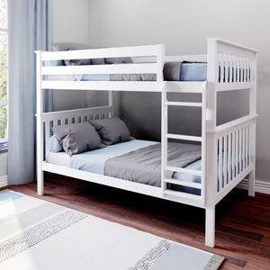 White wooden bunk bed with ladder in modern kids' bedroom, blue and gray bedding, hardwood floor and natural light