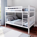 White wooden bunk bed with ladder in modern kids' bedroom, blue and gray bedding, hardwood floor and natural light