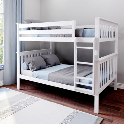 White wooden bunk bed with ladder in modern kids' bedroom, blue and gray bedding, hardwood floor and natural light