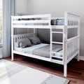 White wooden bunk bed with ladder, blue and gray bedding in a modern kids' bedroom with hardwood floor and window curtains