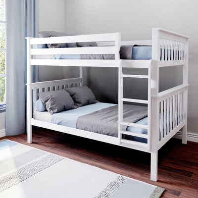 White wooden bunk bed with ladder, blue and gray bedding in a modern kids' bedroom with hardwood floor and window curtains