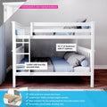 White wooden bunk bed, solid pine frame, ladder with non-slip grooved steps, safety rails and countersunk color-matched hardware, blue-gray bedding, 31¼″ headroom