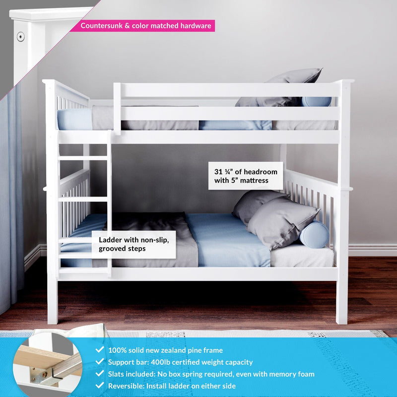White wooden bunk bed, solid pine frame, ladder with non-slip grooved steps, safety rails and countersunk color-matched hardware, blue-gray bedding, 31¼″ headroom