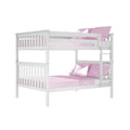 White wooden twin-over-twin bunk bed with pink bedding and ladder, modern kids' bedroom furniture