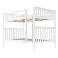 White wooden twin-over-twin bunk bed with slatted headboards, safety guardrails, ladder and exposed wooden slats — space-saving kids bedroom furniture