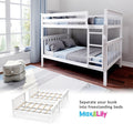 White wooden convertible bunk bed in bright kids' bedroom with blue-gray bedding and ladder, converts into two freestanding beds (Max & Lily)