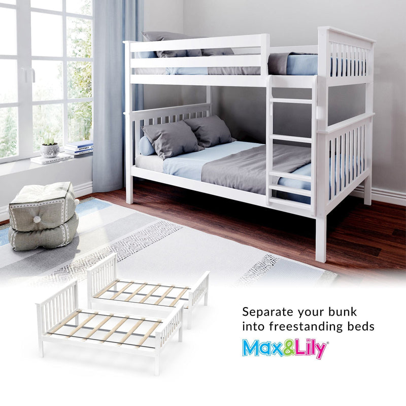 White wooden convertible bunk bed in bright kids' bedroom with blue-gray bedding and ladder, converts into two freestanding beds (Max & Lily)