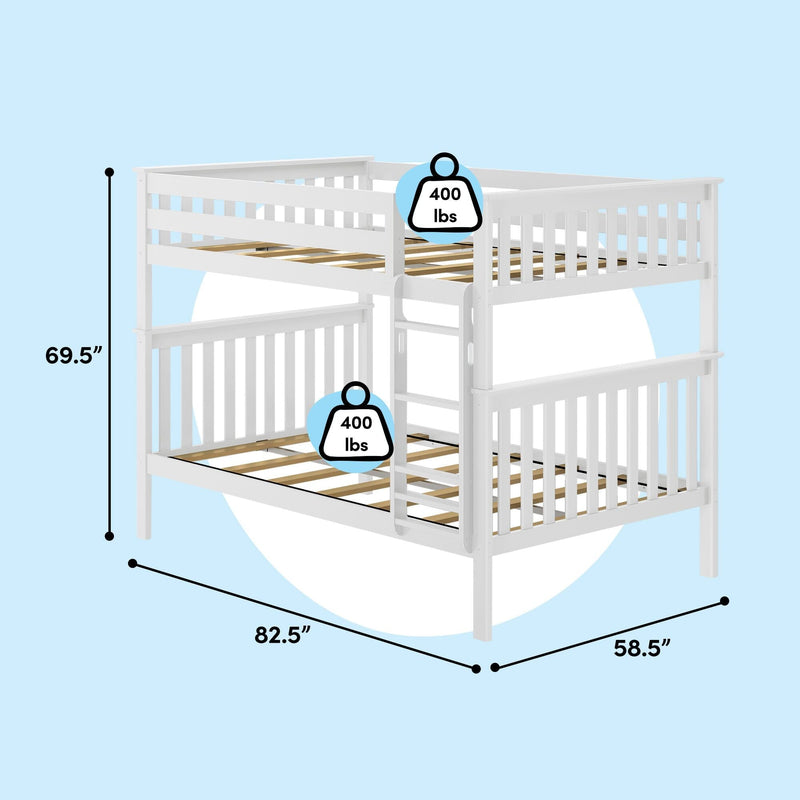 White wooden twin-over-full bunk bed with ladder and guardrails, slatted mattress supports, dimensions 82.5 in L × 58.5 in W × 69.5 in H, 400 lb weight capacity per bed on light blue background.