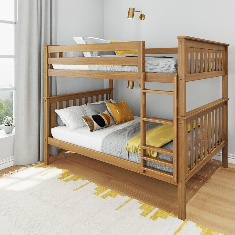 Modern natural wood bunk bed with ladder and slatted rails in bright kids' bedroom, gray bedding, yellow accent pillows and brass wall sconce