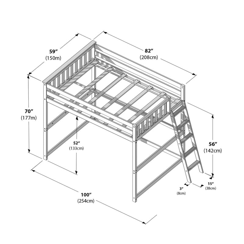 Loft bed frame dimensions diagram showing wooden slat platform, attached ladder and guardrails with labeled measurements in inches and centimeters