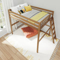 Wooden loft bed with ladder, gray bedding and yellow throw, decorative pillows in bright kids' bedroom by window