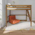 Modern natural wood loft bed with ladder over cozy reading nook featuring an orange lounge chair, textured white rug, gray curtains and brass wall lamp in a minimalist bedroom