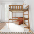 Wooden loft bed with ladder in bright minimalist bedroom, gray knit bedding, orange lounge chair, white curtains and sunlit window