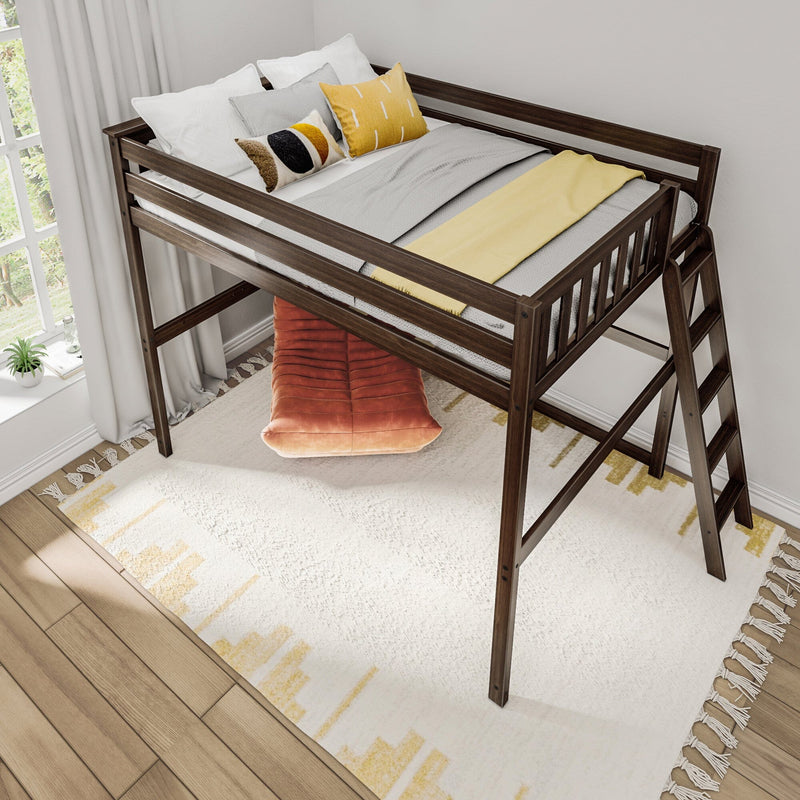 Wooden loft bed with ladder, gray bedding and yellow throw, decorative pillows and cozy rug in a bright modern child's bedroom