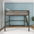 Gray wooden twin loft bed with ladder, space-saving loft-style bed in a modern kids' bedroom with blue geometric accent wall