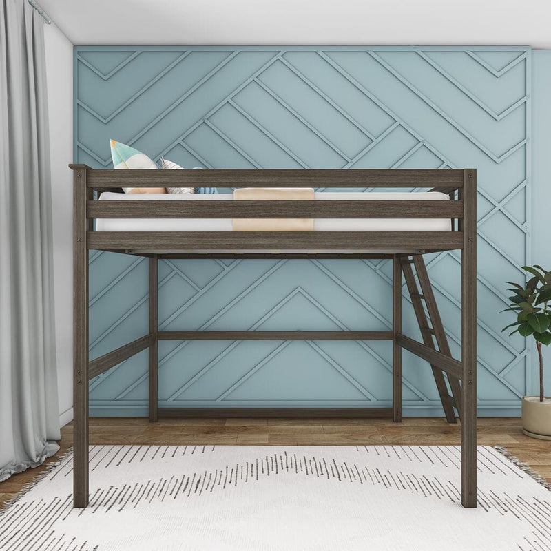 Gray wooden twin loft bed with ladder, space-saving loft-style bed in a modern kids' bedroom with blue geometric accent wall