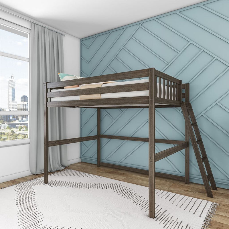 Dark wood twin loft bed with ladder in a modern kids' bedroom featuring a teal geometric accent wall, white rug and city-view window — space-saving design
