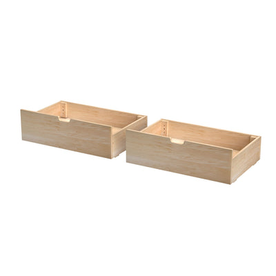 Set of two natural wood under-bed storage drawers with cutout handles, unfinished bedroom storage organizer