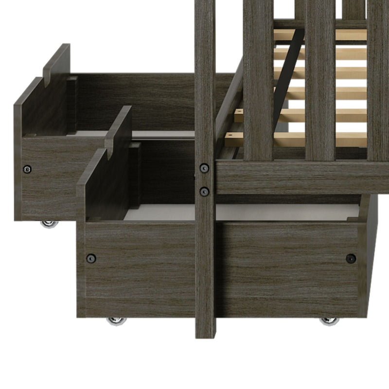 Modern gray-brown wooden storage platform bed with slatted mattress support and two pull-out underbed drawers on casters