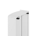Close-up of black swivel caster wheel and mounting bracket on white metal rolling storage cabinet, modern office and garage storage piece