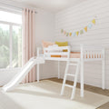White wooden loft bed with slide and ladder in a bright nursery, pastel pillows and colorful bunting on a shiplap wall beside a large window with blush curtains — modern kids' room decor