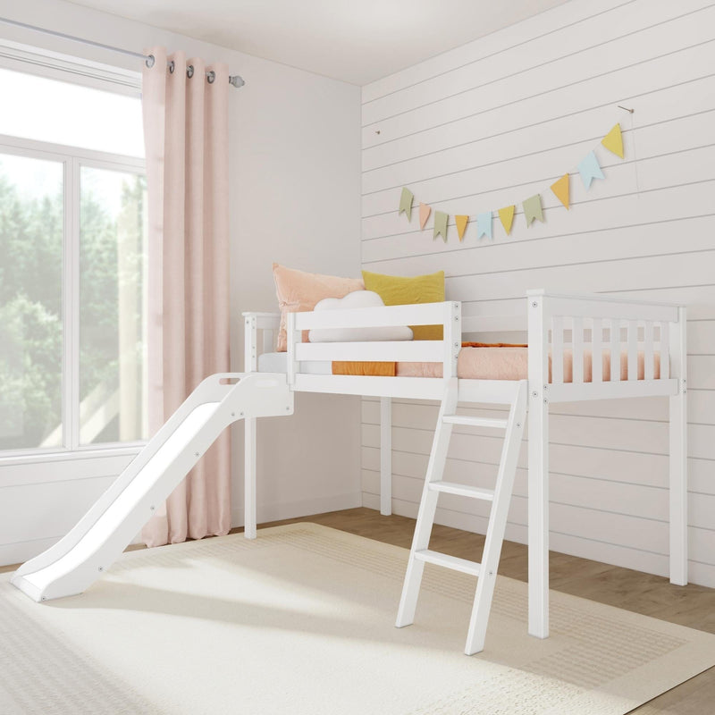 White wooden loft bed with slide and ladder in a bright nursery, pastel pillows and colorful bunting on a shiplap wall beside a large window with blush curtains — modern kids' room decor