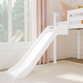 White wooden loft bed with slide in modern children's bedroom, pink curtains and peach throw pillows — space-saving kids' bed
