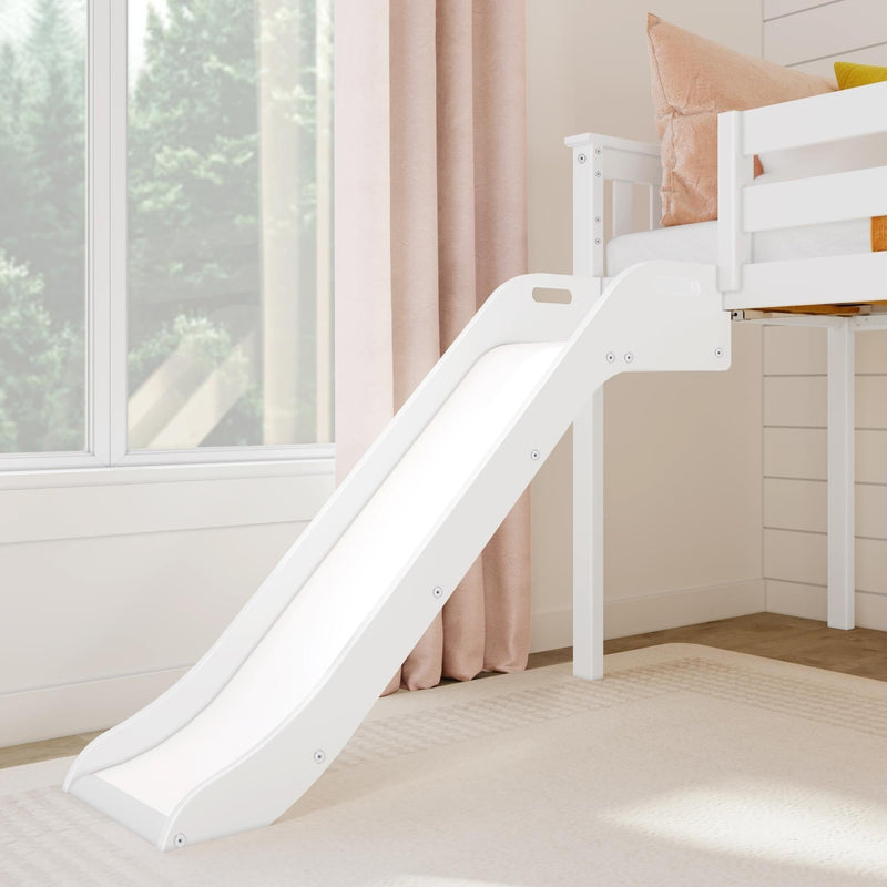 White wooden loft bed with slide in modern children's bedroom, pink curtains and peach throw pillows — space-saving kids' bed