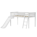 Space-saving white wooden kids loft bed with guardrails, ladder and attached slide, slatted mattress support — modern children's lofted bed for small bedrooms