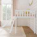 Bright toddler nursery with white wooden loft bed and slide, pastel pink curtains, shiplap walls, cozy yellow pillows and hardwood floors