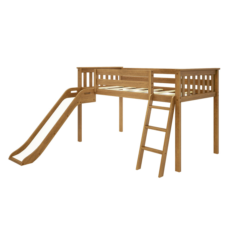 Natural oak children's loft bed with slide and ladder, slatted guardrails and space-saving elevated frame on white background